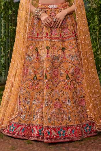 Shop Jigar & Nikita Yellow Silk, Tulle Sweetheart Neck Pakshi Jaal The Living Tapestry Lehenga Set Online at Aza Fashions Shop_Jigar & Nikita_Yellow Silk, Tulle Sweetheart Neck Pakshi Jaal The Living Tapestry Lehenga Set _Online_at_Aza_Fashions