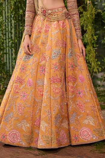 Buy_Jigar & Nikita_Yellow Silk, Tulle Sweetheart Neck Pushp Raga The Pearls Trail Lehenga Set _Online_at_Aza_Fashions