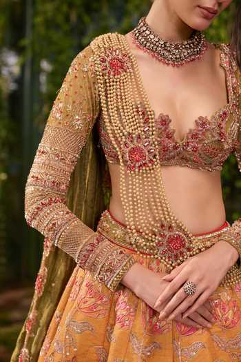 Shop_Jigar & Nikita_Yellow Silk, Tulle Sweetheart Neck Pushp Raga The Pearls Trail Lehenga Set _Online_at_Aza_Fashions
