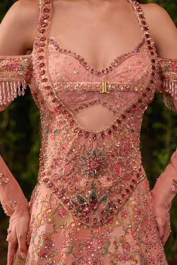 Shop Jigar & Nikita Pink Silk, Tulle Embroidery, Sequins, Tarini The Heirloom Corset Lehenga Set Online at Aza Fashions Shop_Jigar & Nikita_Pink Silk, Tulle Embroidery, Sequins, Tarini The Heirloom Corset Lehenga Set _Online_at_Aza_Fashions