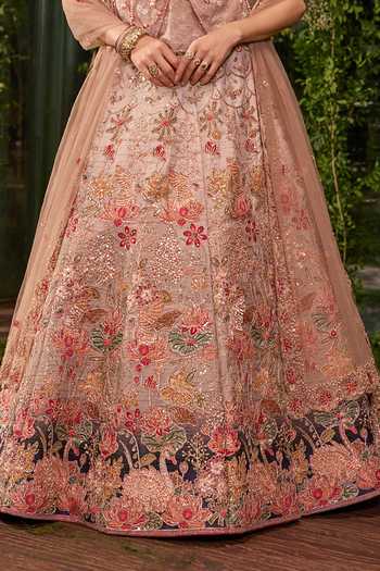 Buy_Jigar & Nikita_Peach Silk, Tulle Sweetheart Neck Pankhuri The Floral Garce Lehenga Set _Online_at_Aza_Fashions