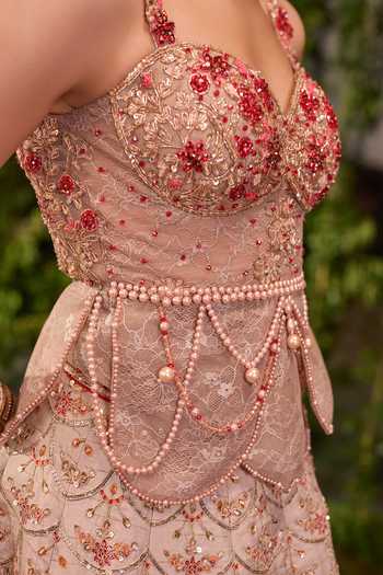 Shop_Jigar & Nikita_Peach Silk, Tulle Sweetheart Neck Pankhuri The Floral Garce Lehenga Set _Online_at_Aza_Fashions