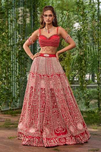 Shop Jigar & Nikita Red Silk, Tulle Sweetheart Neck Raga The Scarlet Heirloom Lehenga Set Online at Aza Fashions Shop_Jigar & Nikita_Red Silk, Tulle Sweetheart Neck Raga The Scarlet Heirloom Lehenga Set _Online_at_Aza_Fashions