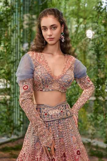 Jigar & Nikita_Blue Velvet, Tulle, Organza V-neck Dwirang A Tale In Two Hues Lehenga Set _Online_at_Aza_Fashions