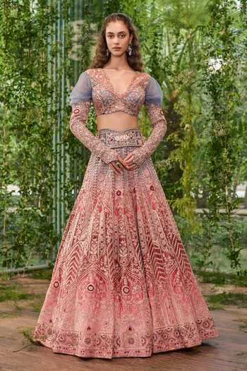 Shop_Jigar & Nikita_Blue Velvet, Tulle, Organza V-neck Dwirang A Tale In Two Hues Lehenga Set _Online_at_Aza_Fashions