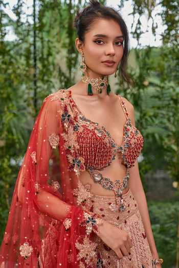 Jigar & Nikita_Multi Color Tulle Sweetheart Neck Rangrekha The Crimson Heirloom Lehenga Set _Online_at_Aza_Fashions