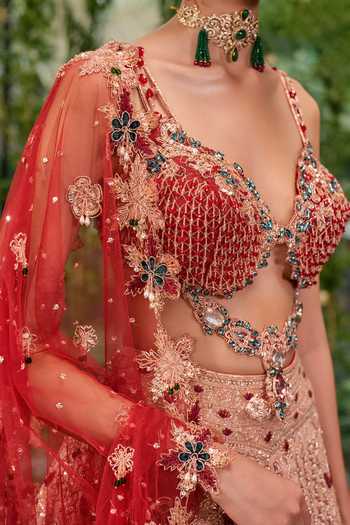 Buy_Jigar & Nikita_Multi Color Tulle Sweetheart Neck Rangrekha The Crimson Heirloom Lehenga Set _Online_at_Aza_Fashions
