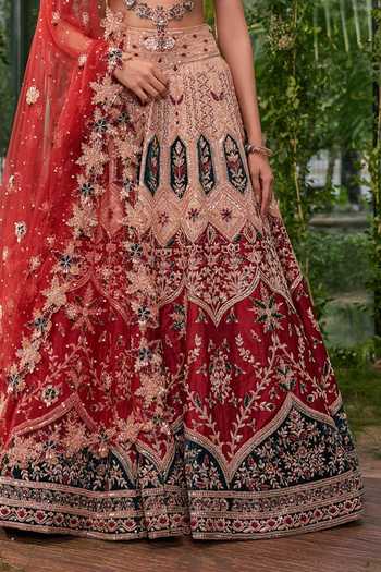 Shop_Jigar & Nikita_Multi Color Tulle Sweetheart Neck Rangrekha The Crimson Heirloom Lehenga Set _Online_at_Aza_Fashions