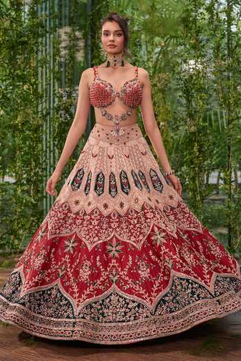 Jigar & Nikita_Multi Color Tulle Sweetheart Neck Rangrekha The Crimson Heirloom Lehenga Set _at_Aza_Fashions