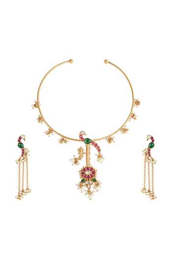 Prihan Luxury Jewelry Peacock Embellished Hasli Necklace Set 