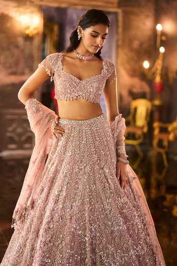 Shop Seema Gujral Peach Net Sweetheart Neck Dusty Sequin Bridal Lehenga Set Online at Aza Fashions Shop_Seema Gujral_Peach Net Sweetheart Neck Dusty Sequin Bridal Lehenga Set _Online_at_Aza_Fashions