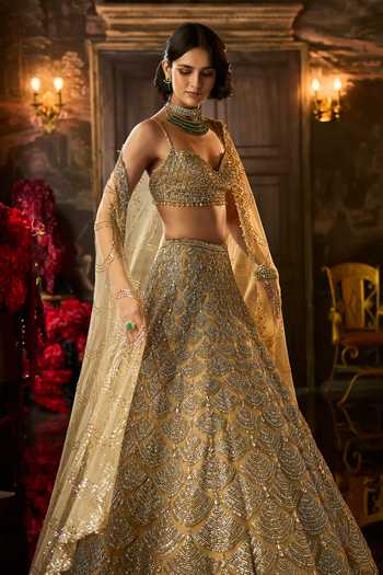 Buy Seema Gujral Gold Net Sweetheart Neck Sequin And Crystal Bridal Lehenga Set Online at Aza Fashions Buy_Seema Gujral_Gold Net Sweetheart Neck Sequin And Crystal Bridal Lehenga Set _Online_at_Aza_Fashions
