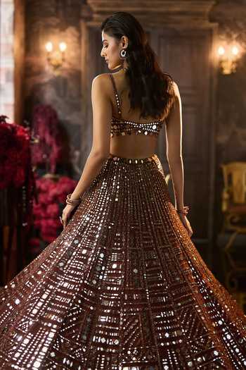 Seema Gujral Brown Net Sweetheart Neck Copper Mirror Work Bridal Lehenga Set Online at Aza Fashions Seema Gujral_Brown Net Sweetheart Neck Copper Mirror Work Bridal Lehenga Set _Online_at_Aza_Fashions