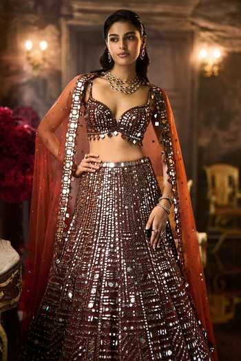 Shop Seema Gujral Brown Net Sweetheart Neck Copper Mirror Work Bridal Lehenga Set Online at Aza Fashions Shop_Seema Gujral_Brown Net Sweetheart Neck Copper Mirror Work Bridal Lehenga Set _Online_at_Aza_Fashions