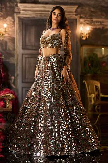 Buy Seema Gujral Brown Net Sweetheart Neck Copper Mirror Work Bridal Lehenga Set Buy_Seema Gujral_Brown Net Sweetheart Neck Copper Mirror Work Bridal Lehenga Set