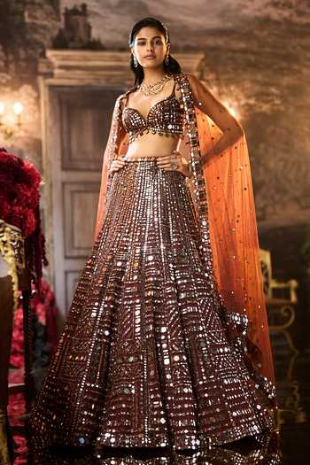 Shop Seema Gujral Brown Net Sweetheart Neck Copper Mirror Work Bridal Lehenga Set Shop_Seema Gujral_Brown Net Sweetheart Neck Copper Mirror Work Bridal Lehenga Set