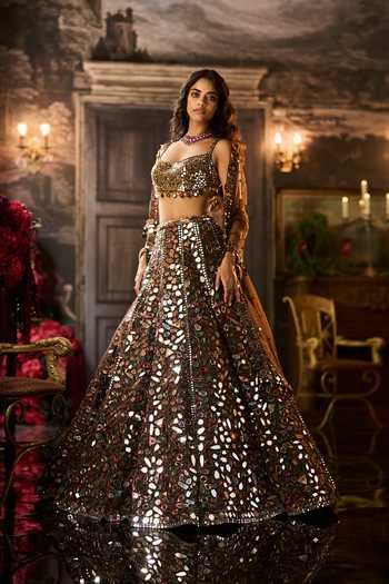 Seema Gujral Brown Net Sweetheart Neck Mirror Work Bridal Lehenga Set Online at Aza Fashions Seema Gujral_Brown Net Sweetheart Neck Mirror Work Bridal Lehenga Set _Online_at_Aza_Fashions