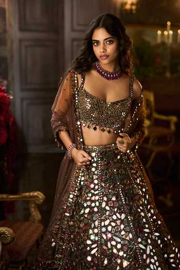 Buy Seema Gujral Brown Net Sweetheart Neck Mirror Work Bridal Lehenga Set Online at Aza Fashions Buy_Seema Gujral_Brown Net Sweetheart Neck Mirror Work Bridal Lehenga Set _Online_at_Aza_Fashions