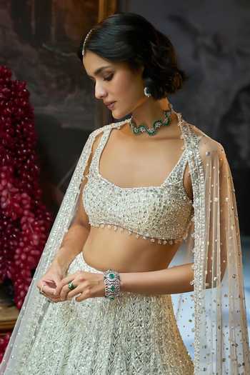 Seema Gujral_Green Net Square Neck Milky Sequin Bridal Lehenga Set _Online_at_Aza_Fashions