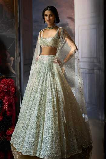 Buy_Seema Gujral_Green Net Square Neck Milky Sequin Bridal Lehenga Set _Online_at_Aza_Fashions