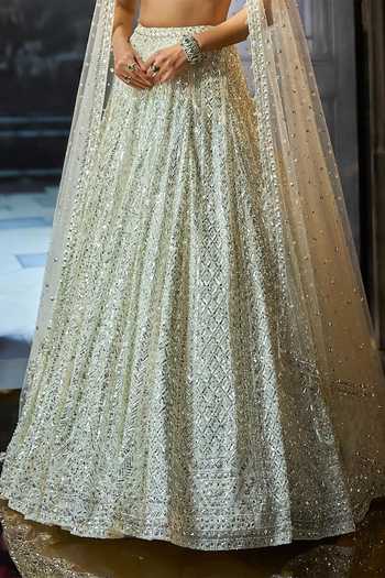 Shop_Seema Gujral_Green Net Square Neck Milky Sequin Bridal Lehenga Set _Online_at_Aza_Fashions