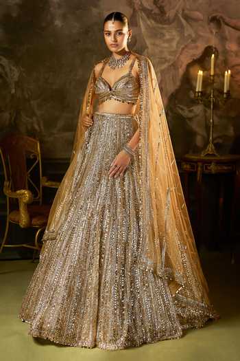 Shop Seema Gujral Gold Net Sweetheart Neck Embroidered Bridal Lehenga Set Online at Aza Fashions Shop_Seema Gujral_Gold Net Sweetheart Neck Embroidered Bridal Lehenga Set _Online_at_Aza_Fashions
