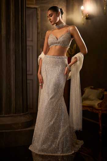 Seema Gujral Silver Net Sweetheart Neck Sequin Work Fish Cut Bridal Lehenga Set Online at Aza Fashions Seema Gujral_Silver Net Sweetheart Neck Sequin Work Fish Cut Bridal Lehenga Set _Online_at_Aza_Fashions