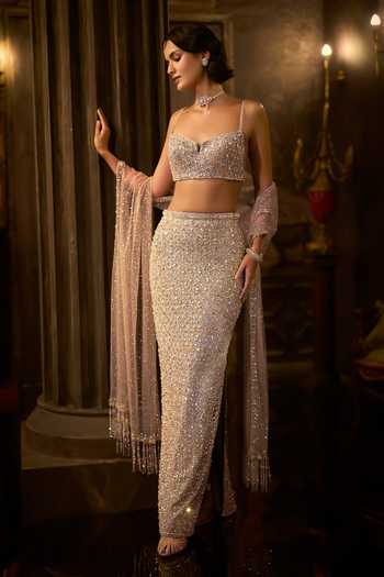 Seema Gujral Gold Net Sweetheart Neck Silver Crystal Skirt Set Online at Aza Fashions Seema Gujral_Gold Net Sweetheart Neck Silver Crystal Skirt Set _Online_at_Aza_Fashions