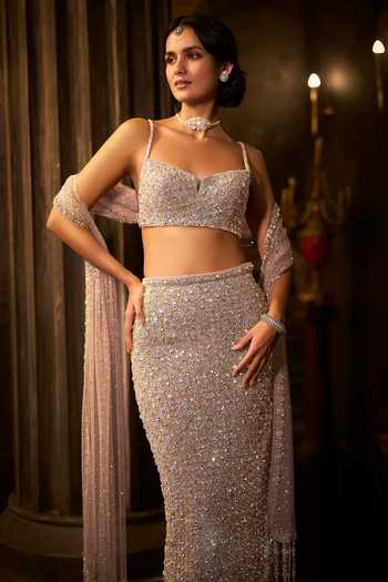 Buy Seema Gujral Gold Net Sweetheart Neck Silver Crystal Skirt Set Online at Aza Fashions Buy_Seema Gujral_Gold Net Sweetheart Neck Silver Crystal Skirt Set _Online_at_Aza_Fashions