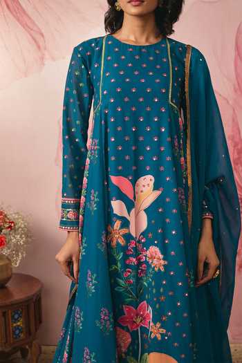 Shop Vana Ethnics Blue Organza, Georgette Round Neck, Yes Midnight Floral Print Kalidar Kurta Set Online at Aza Fashions Shop_Vana Ethnics_Blue Organza, Georgette Round Neck, Yes Midnight Floral Print Kalidar Kurta Set _Online_at_Aza_Fashions