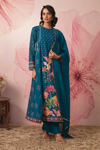 Vana Ethnics Midnight Blue Floral Print Kalidar Kurta Set