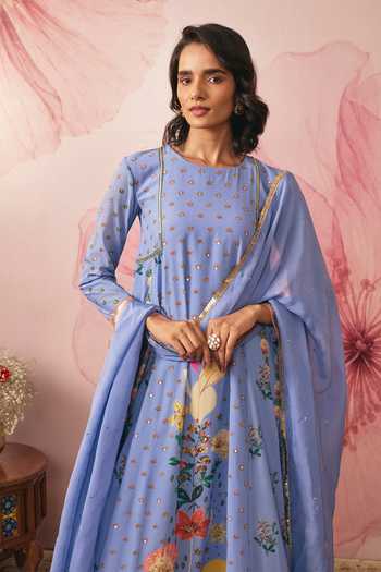 Buy Vana Ethnics Purple Georgette Round Neck, Yes Lilac Floral Print Kalidar Kurta Set Online at Aza Fashions Buy_Vana Ethnics_Purple Georgette Round Neck, Yes Lilac Floral Print Kalidar Kurta Set _Online_at_Aza_Fashions