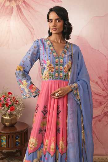 Vana Ethnics Purple Georgette V-neck Floral Print Color Block Anarkali With Dupatta Online at Aza Fashions Vana Ethnics_Purple Georgette V-neck Floral Print Color Block Anarkali With Dupatta _Online_at_Aza_Fashions