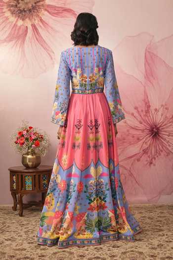 Vana Ethnics Floral Print Color Block Anarkali With Dupatta