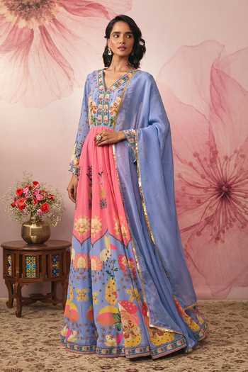Buy Vana Ethnics Purple Georgette V-neck Floral Print Color Block Anarkali With Dupatta Online at Aza Fashions Buy_Vana Ethnics_Purple Georgette V-neck Floral Print Color Block Anarkali With Dupatta _Online_at_Aza_Fashions