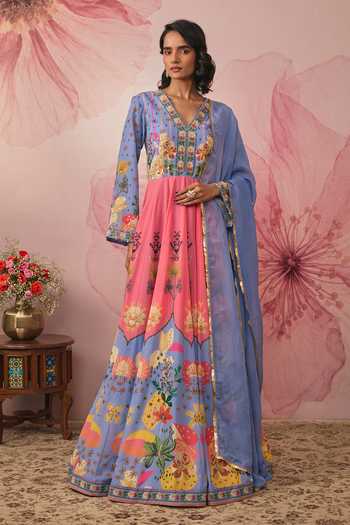 Vana Ethnics Floral Print Color Block Anarkali With Dupatta