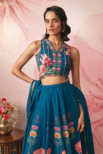 Buy Vana Ethnics Blue Georgette V-neck Midnight Printed Lehenga Set Online at Aza Fashions Buy_Vana Ethnics_Blue Georgette V-neck Midnight Printed Lehenga Set _Online_at_Aza_Fashions