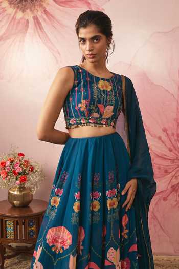 Shop Vana Ethnics Blue Georgette V-neck Midnight Printed Lehenga Set Online at Aza Fashions Shop_Vana Ethnics_Blue Georgette V-neck Midnight Printed Lehenga Set _Online_at_Aza_Fashions