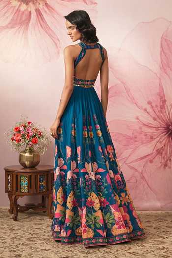 Vana Ethnics Blue Georgette V-neck Midnight Printed Lehenga Set at Aza Fashions Vana Ethnics_Blue Georgette V-neck Midnight Printed Lehenga Set _at_Aza_Fashions