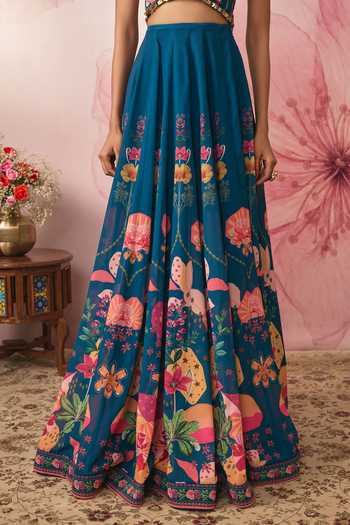 Buy Vana Ethnics Blue Georgette V-neck Midnight Printed Lehenga Set Buy_Vana Ethnics_Blue Georgette V-neck Midnight Printed Lehenga Set