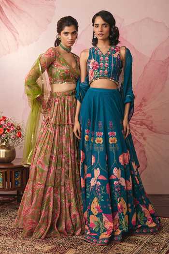 Shop Vana Ethnics Blue Georgette V-neck Midnight Printed Lehenga Set Shop_Vana Ethnics_Blue Georgette V-neck Midnight Printed Lehenga Set