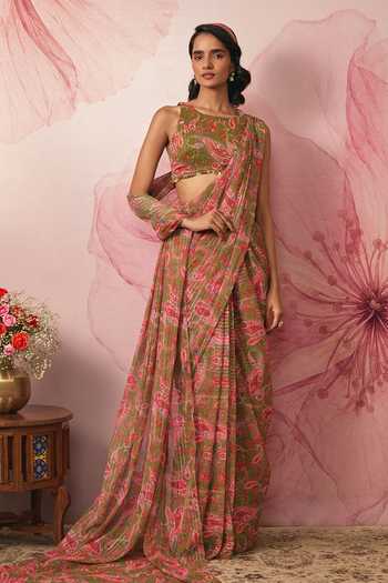 Buy Vana Ethnics Green Chiffon, Lurex Round Neck Paisley Print Pre-draped Saree With Blouse Online at Aza Fashions Buy_Vana Ethnics_Green Chiffon, Lurex Round Neck Paisley Print Pre-draped Saree With Blouse _Online_at_Aza_Fashions