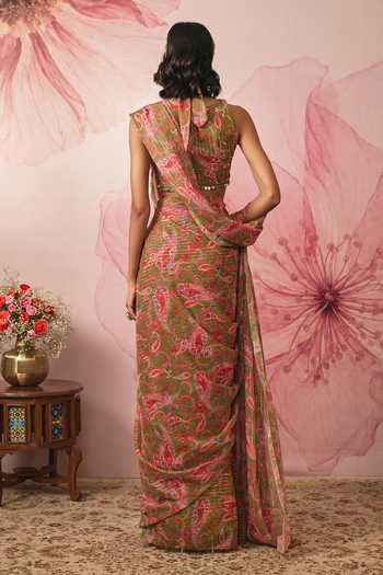 Vana Ethnics Paisley Print Pre-Draped Saree With Blouse