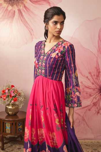 Vana Ethnics Purple Georgette V-neck Floral Print Color Block Anarkali With Dupatta Online at Aza Fashions Vana Ethnics_Purple Georgette V-neck Floral Print Color Block Anarkali With Dupatta _Online_at_Aza_Fashions