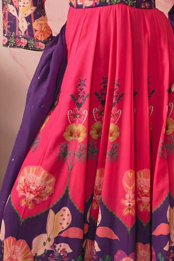 Buy Vana Ethnics Purple Georgette V-neck Floral Print Color Block Anarkali With Dupatta Online at Aza Fashions Buy_Vana Ethnics_Purple Georgette V-neck Floral Print Color Block Anarkali With Dupatta _Online_at_Aza_Fashions