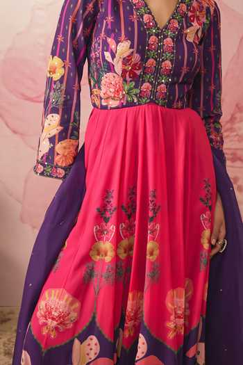 Shop Vana Ethnics Purple Georgette V-neck Floral Print Color Block Anarkali With Dupatta Online at Aza Fashions Shop_Vana Ethnics_Purple Georgette V-neck Floral Print Color Block Anarkali With Dupatta _Online_at_Aza_Fashions