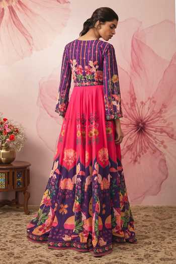 Vana Ethnics Floral Print Color Block Anarkali With Dupatta