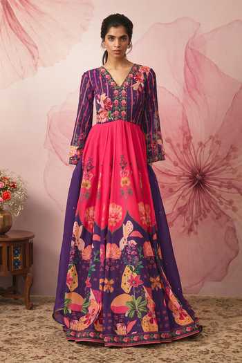 Vana Ethnics Floral Print Color Block Anarkali With Dupatta