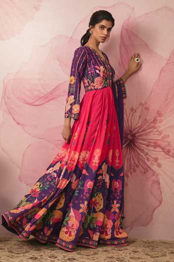 Buy Vana Ethnics Purple Georgette V-neck Floral Print Color Block Anarkali With Dupatta Buy_Vana Ethnics_Purple Georgette V-neck Floral Print Color Block Anarkali With Dupatta
