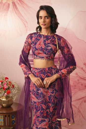 Vana Ethnics Purple Chiffon, Lurex Round Neck Paisley Print Fishcut Lehenga Set Online at Aza Fashions Vana Ethnics_Purple Chiffon, Lurex Round Neck Paisley Print Fishcut Lehenga Set _Online_at_Aza_Fashions